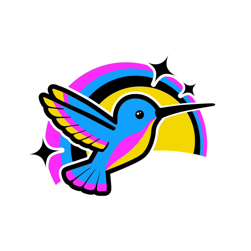 Un colibri sur fond de demi-cercle légèrement étoilé. Tons rose, bleu et jaune