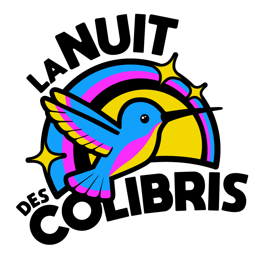 Un colibri sur fond de demi-cercle légèrement étoilé. Tons rose, bleu et jaune